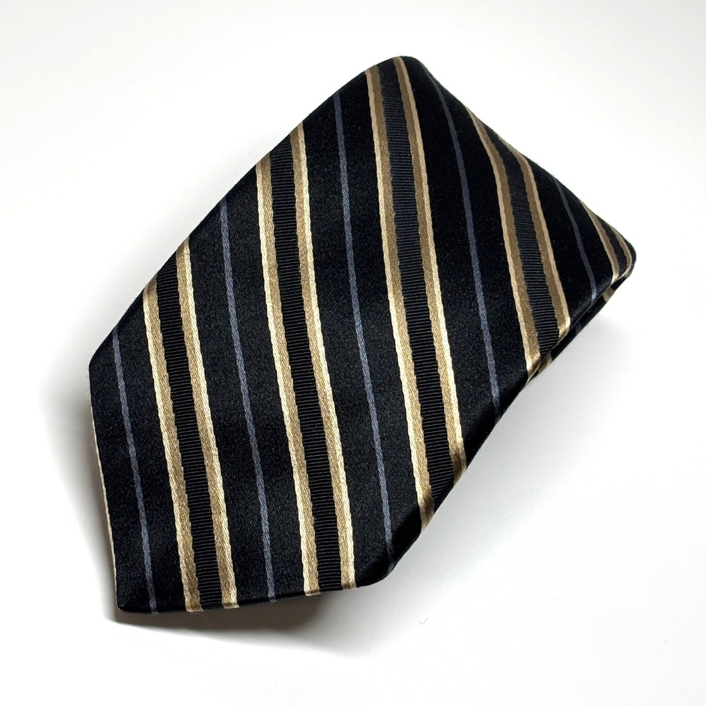 Hart Schaffner Marx Repp Tie Mens OS Black Gold Striped Silk USA Made Preppy